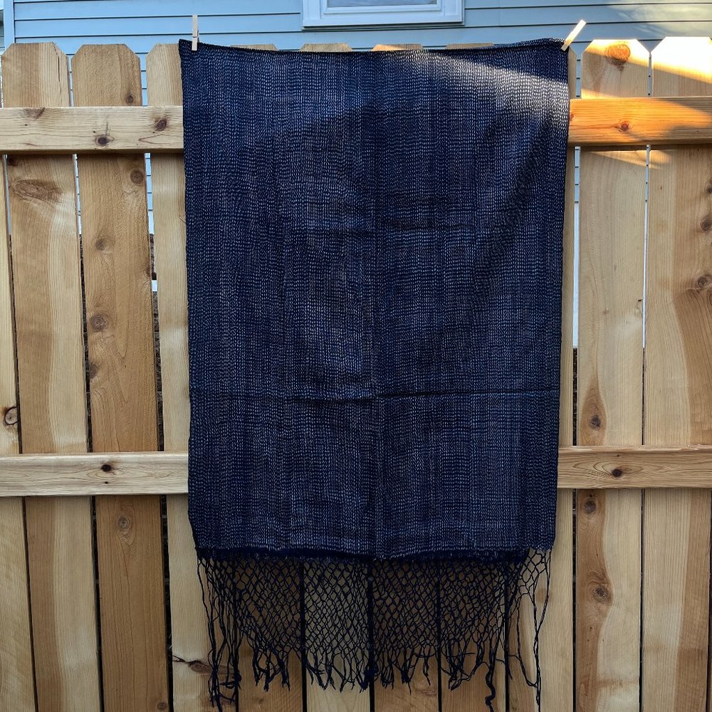 Long handwoven ikat & indigo scarf - very classy excellent condition, versatile!